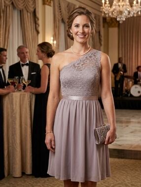 Davids Bridal Pale Rose Lace One-Shoulder Mid-length Formal Prom Dress 14